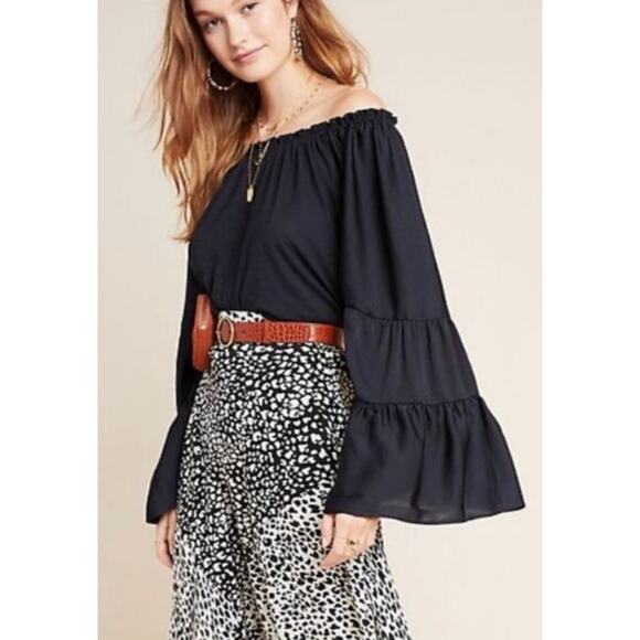 ANTHROPOLOGIE Gloria Peasant Off Shoulder Top Black Bell Sleeve Boho Women M - Picture 1 of 13
